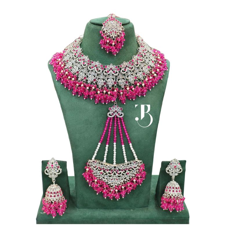 TBJ Bridal Jewelry Set (Premium Pink Pearl) with Bridal Passa | Artificial Fashion | Bollywood style Necklace Set with Hair Passa
