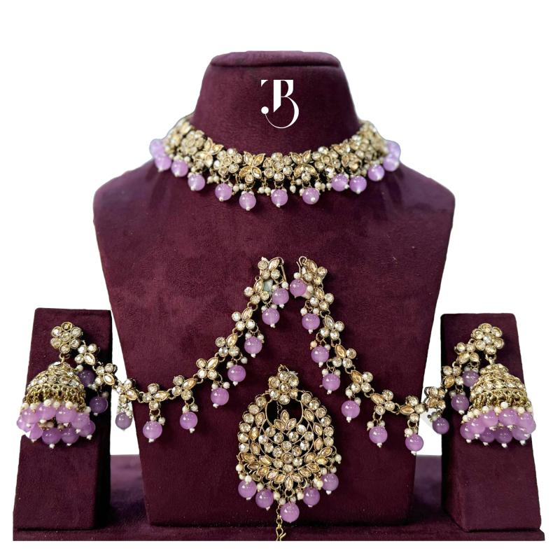TBJ Bridal Jewelry Set with Maatha Patti Premium Light Pink Pearl | Bridal Accessories | Artificial Necklace Set with Maatha Patti for Women