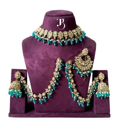 TBJ Bridal Jewelry Set with Maatha Patti Premium Green Pearl | Bridal Accessories | Artificial Necklace Set with Maatha Patti for Women