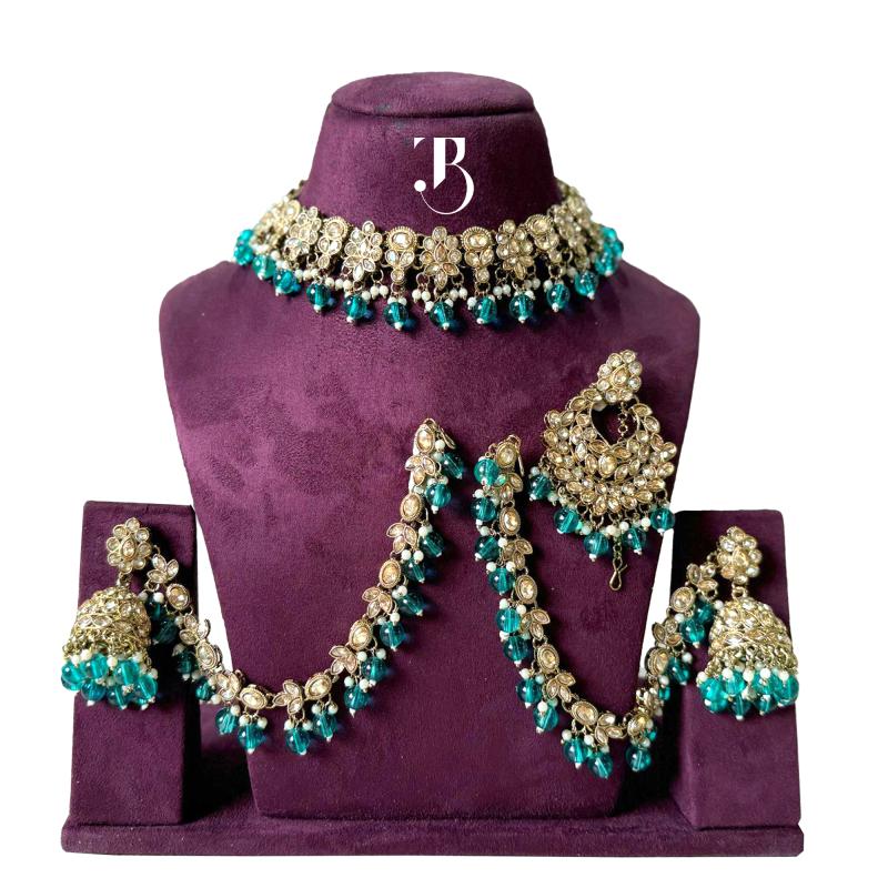 TBJ Bridal Jewelry Set with Maatha Patti Premium Green Pearl | Bridal Accessories | Artificial Necklace Set with Maatha Patti for Women