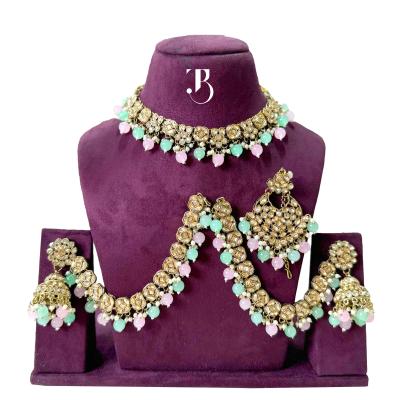 TBJ Bridal Jewelry Set with Maatha Patti Premium Light Pink & Green Pearl | Bridal Accessories | Artificial Necklace Set with Maatha Patti for Women
