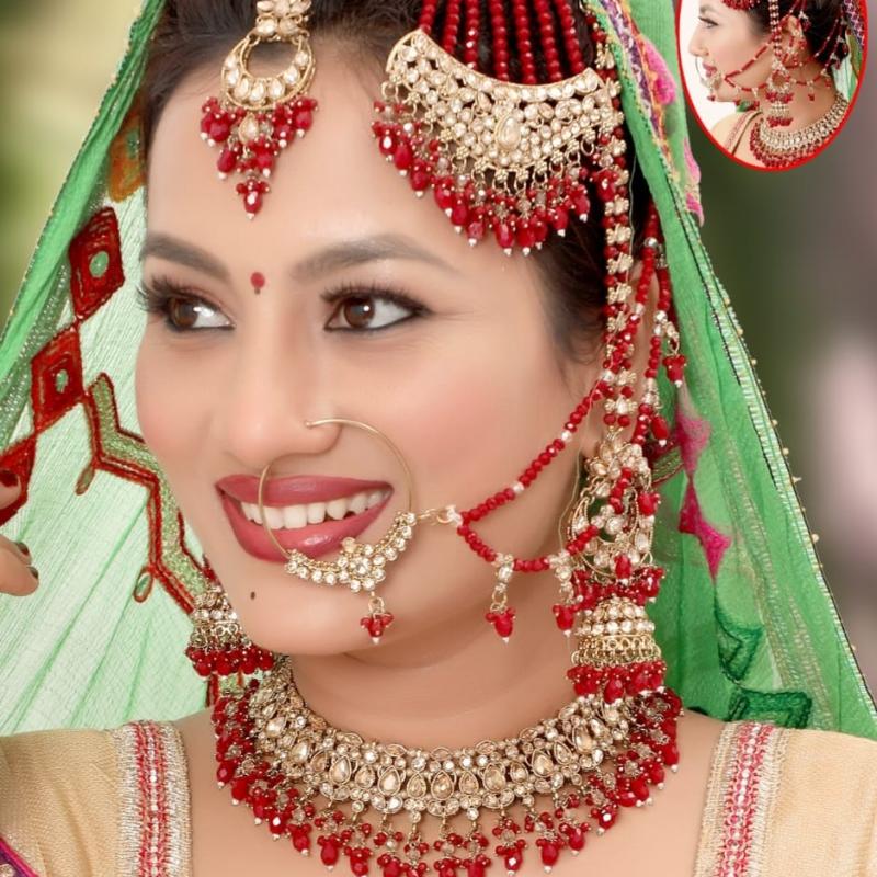 TBJ Bridal Jewelry Set (Red Pearl) Bollywood Style | Artificial Fashion | Wedding Necklace Set for Women