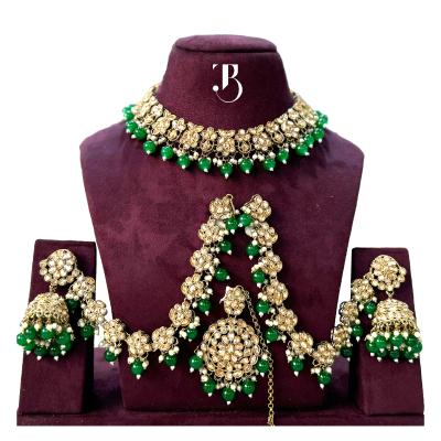 TBJ Bridal Jewelry Set with Maatha Patti Premium Dark Green Pearl | Bridal Accessories | Artificial Necklace Set with Maatha Patti for Women