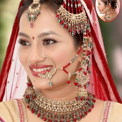 TBJ Bridal Jewelry Set (Red & Green Pearl) Celebrity Style | Artificial Fashion | Wedding Necklace Set for Women