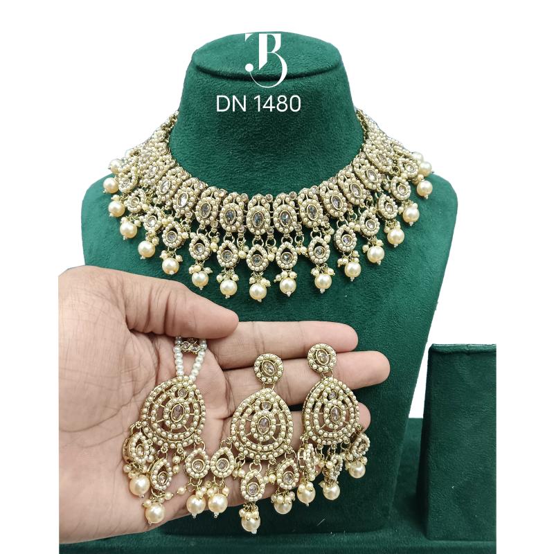 TBJ Wedding jewellery set Kundan Golden Diamond and Pearl | Bridal Ornaments | Traditional Jewelry for women | Special occasion accessories