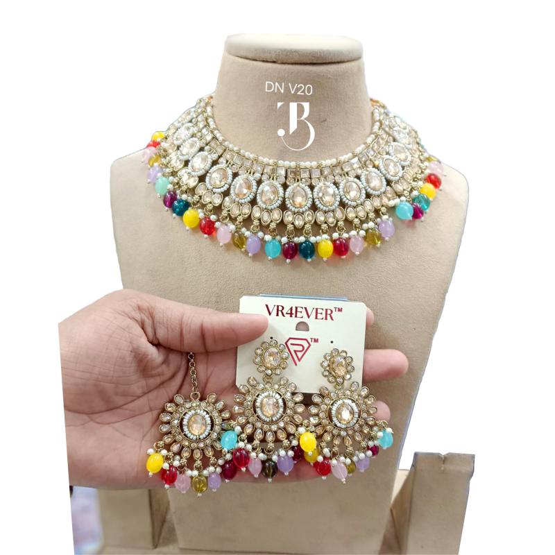 TBJ Wedding jewellery set Diamond Crystal with Rainbow Pearl | Bridal Ornaments | Traditional Jewelry for women | Special occasion accessories