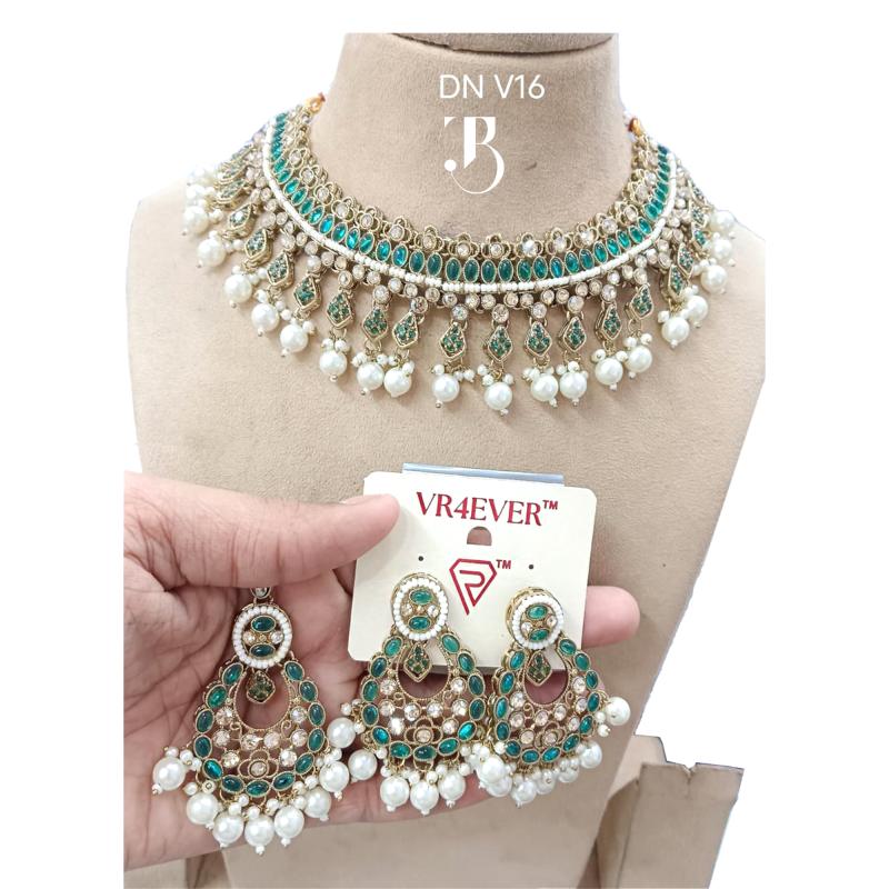 TBJ Wedding jewellery set Green Polki with White Pearl | Bridal Ornaments | Traditional Jewelry for women | Special occasion accessories
