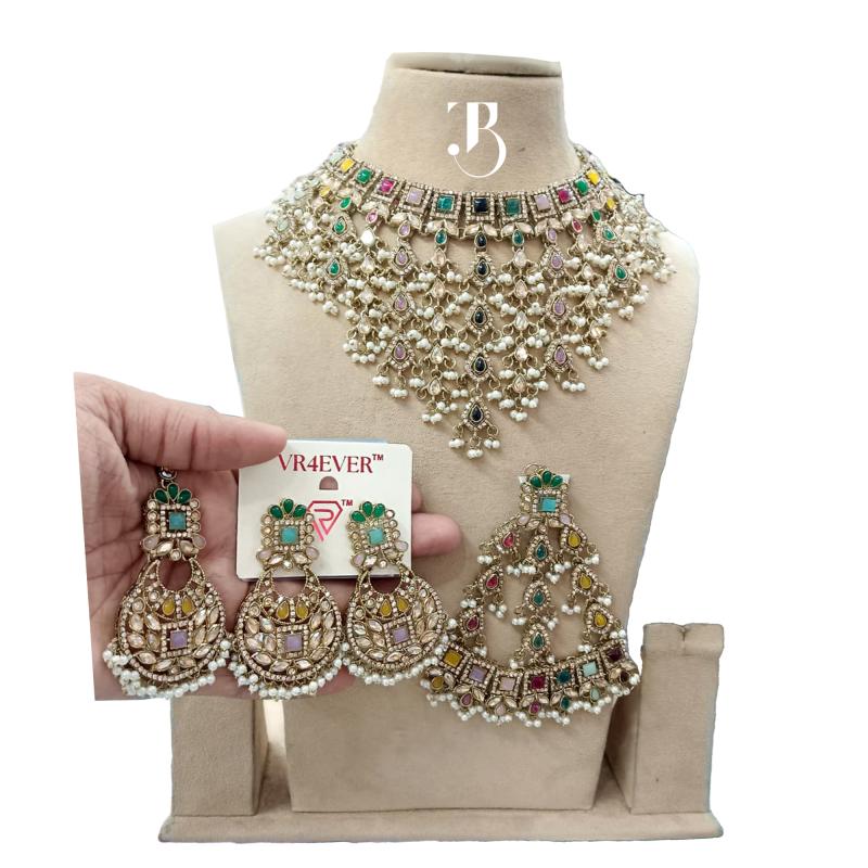 TBJ Wedding jewellery set Meenakari Necklace with Hair Passa | Bridal Ornaments | Traditional Jewelry for women | Special occasion accessories