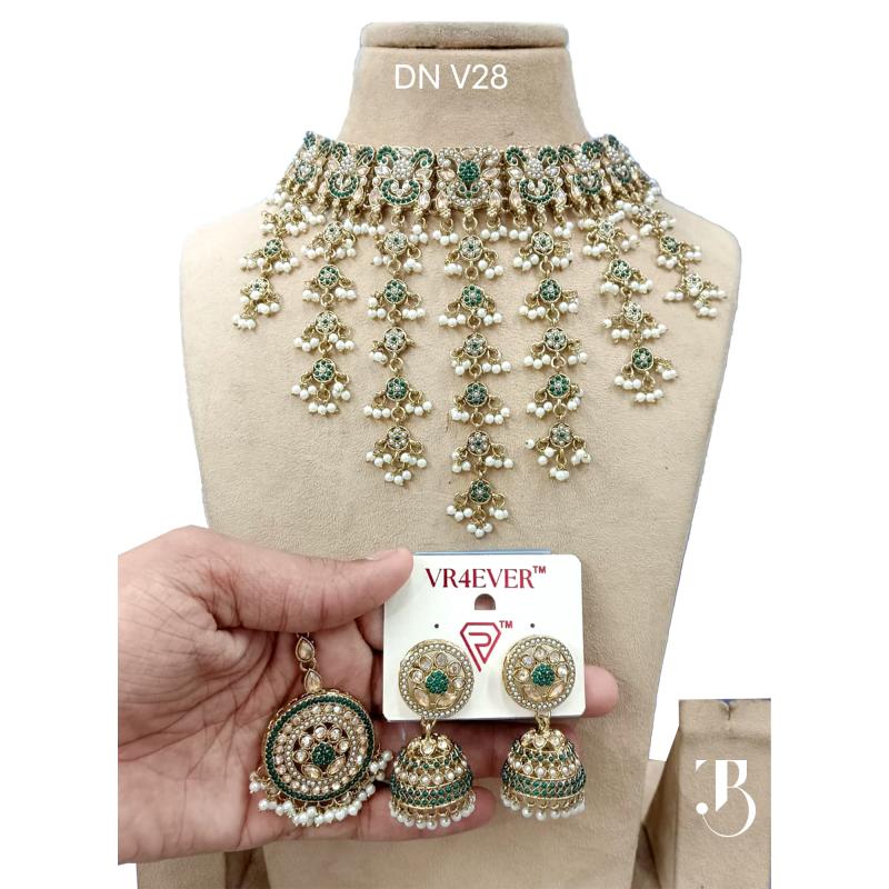 TBJ Wedding jewellery set Polki Choker Green Pearl | Bridal Ornaments | Traditional Jewelry for women | Special occasion accessories